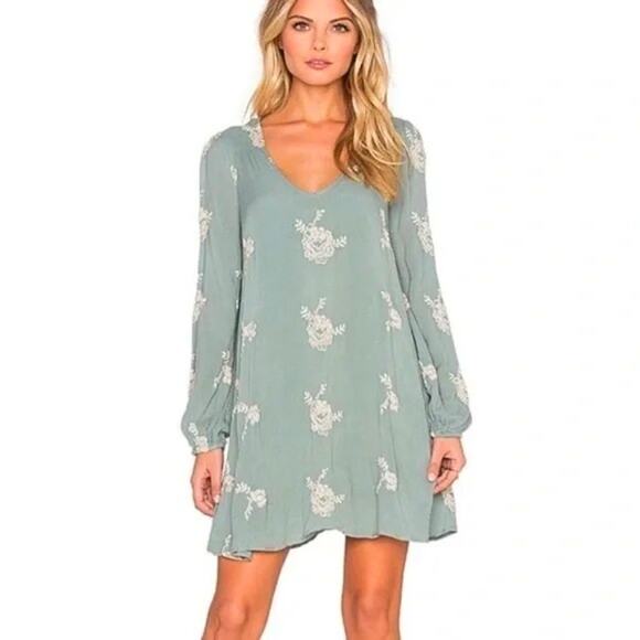Free People Emma Embroidered Swing Dress in Misty Green Size: L - Picture 1 of 7